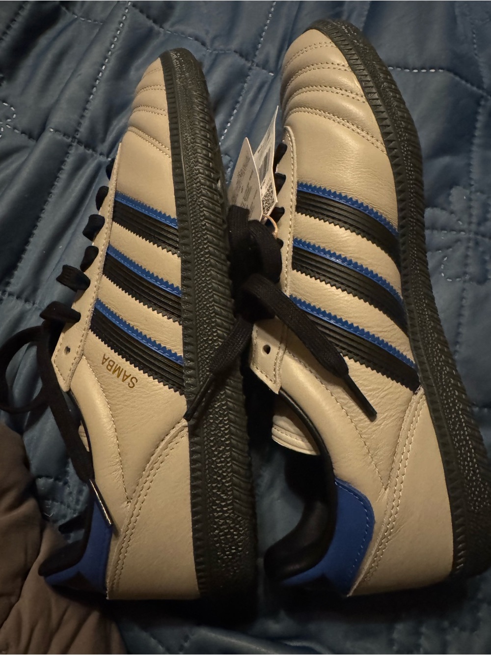 Adidas Samba Leather Sneaker in Grey, Black & Blue Accents